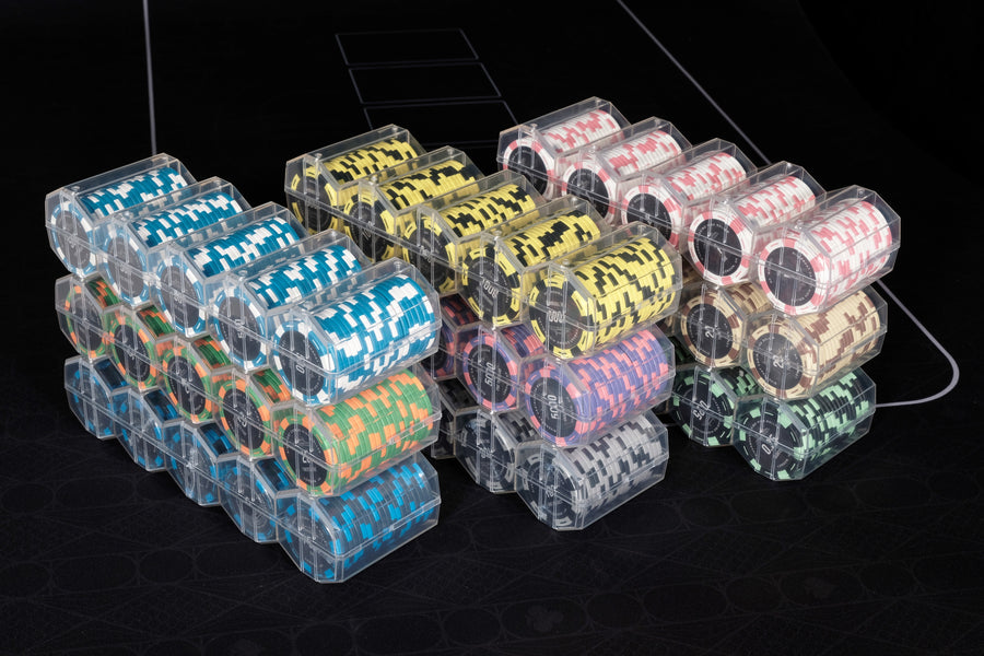 Numerowane żetony do pokera High Roller - 14 g, 100 sztuk w stojaku (wszystkie nominały)